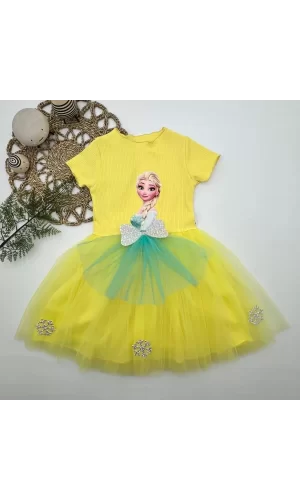 Luz&Pos 5-6-7 Yaş Elsa Desenli Fiyonklu Tül Etekli Astarlı Kısa Kollu Kız Çocuk Tütü Elbise Sarı