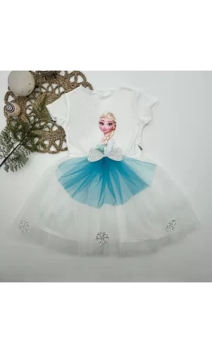 Luz&Pos 5-6-7 Yaş Elsa Desenli Fiyonklu Tül Etekli Astarlı Kısa Kollu Kız Çocuk Tütü Elbise Beyaz