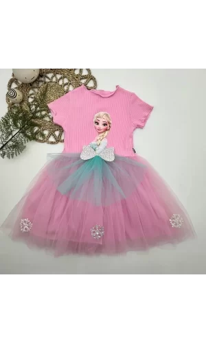 5-6-7 Yaş Elsa Desenli Fiyonklu Tül Etekli Astarlı Kısa Kollu Kız Çocuk Tütü Elbise Pembe