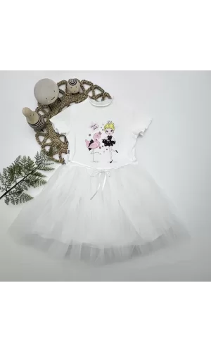 Luz&Pos 5-6-7 Yaş Flamingo Balerin Kız Baskılı Kurdela Kuşaklı Astarlı Kız Çocuk Tütü Elbise Beyaz