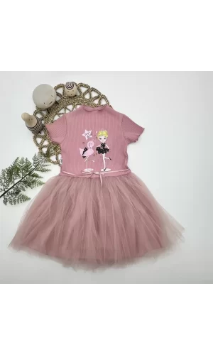 Luz&Pos 5-6-7 Yaş Flamingo Balerin Kız Baskılı Kurdela Kuşaklı Astarlı Kız Çocuk Tütü Elbise Gül Kurusu