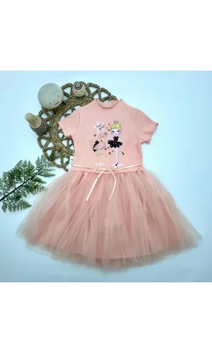 Luz&Pos 5-6-7 Yaş Flamingo Balerin Kız Baskılı Kurdela Kuşaklı Astarlı Kız Çocuk Tütü Elbise Somon