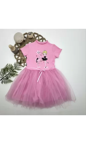 Luz&Pos 5-6-7 Yaş Flamingo Balerin Kız Baskılı Kurdela Kuşaklı Astarlı Kız Çocuk Tütü Elbise Pembe