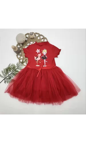 Luz&Pos 5-6-7 Yaş Flamingo Balerin Kız Baskılı Kurdela Kuşaklı Astarlı Kız Çocuk Tütü Elbise Kırmızı