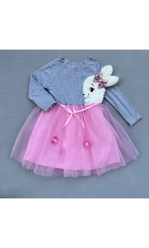 Luz&Pos 5-6-7 Yaş Pelüş Tavşan Desenli Kurdela Kuşaklı Astarlı Kız Çocuk Tütü Elbise Pembe
