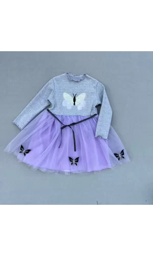 Luz&Pos 5-6-7 Yaş Taşlı Kelebek Desenli Kurdela Kuşaklı Astarlı Kız Çocuk Tütü Elbise Lila