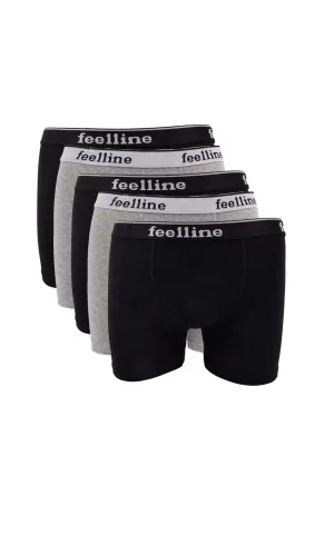 5 adet Feelline Siyah ve Gri Pamuklu Doğal Likralı Erkek Boxer