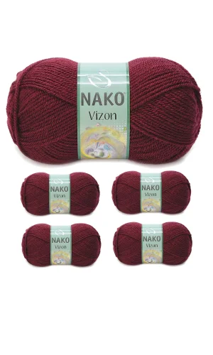 5 Adet Vizon Premium Akrilik El Örgü İpi Yünü Renk No:999 Bordo