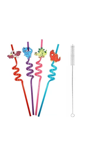 5 Parça Renkli Pipet Seti - Emojili Spiral Kokteyl- Çocuk Pipeti Temizleme Fırçalı
