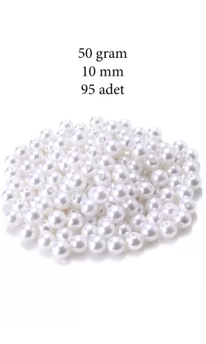 50 gram 10mm Beyaz Renk Plastik İnci Boncuk Çanta ve Takı Yapım Boncuğu (~95 adet)