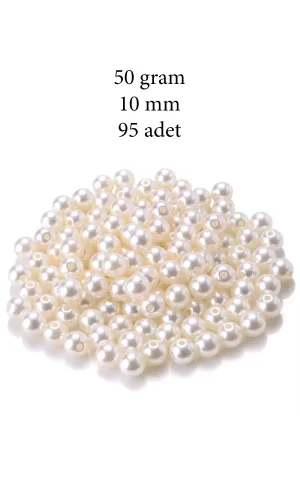 50 gram 10mm Krem Renk Plastik İnci Boncuk Çanta ve Takı Yapım Boncuğu (~95 adet)