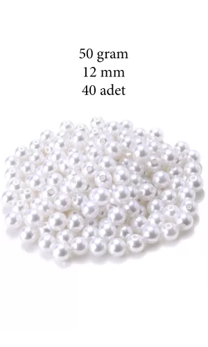 50 gram 12mm Beyaz Renk Plastik İnci Boncuk Çanta ve Takı Yapım Boncuğu (~40 adet)