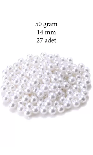 50 gram 14mm Beyaz Renk Plastik İnci Boncuk Çanta ve Takı Yapım Boncuğu (~27 adet)