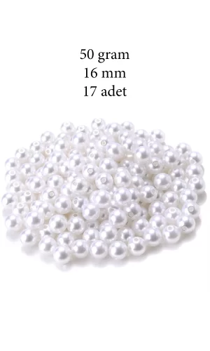 50 gram 16mm Beyaz Renk Plastik İnci Boncuk Çanta ve Takı Yapım Boncuğu (~17 adet)