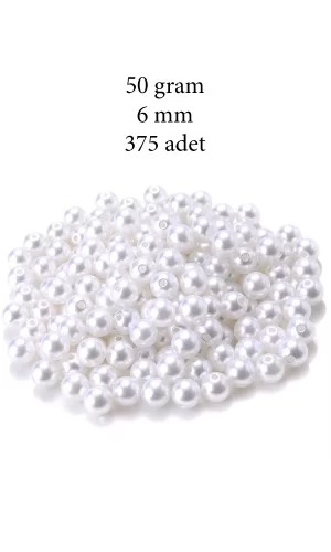 50 gram 6mm Beyaz Renk Plastik İnci Boncuk Çanta ve Takı Yapım Boncuğu (~375 adet)
