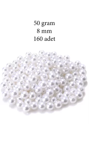 50 gram 8mm Beyaz Renk Plastik İnci Boncuk Çanta ve Takı Yapım Boncuğu (~160 adet)