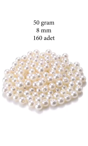 50 gram 8mm Krem Renk Plastik İnci Boncuk Çanta ve Takı Yapım Boncuğu (~160 adet)