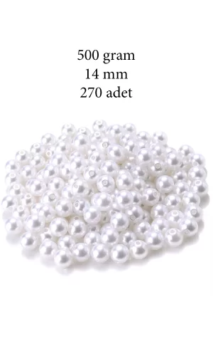 500 gram 14mm Beyaz Renk Plastik İnci Boncuk Çanta ve Takı Yapım Boncuğu (~270 adet)