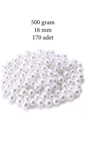 500 gram 16mm Beyaz Renk Plastik İnci Boncuk Çanta ve Takı Yapım Boncuğu (~170 adet)