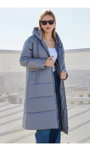 5120 Kapşonlu Uzun Şişme Mont - Gri