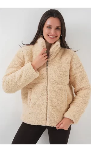 5178 Astarlı Peluş Mont - Krem