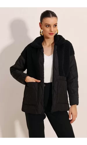 5182 Peluş Detaylı Oversize Şişme Mont - Siyah