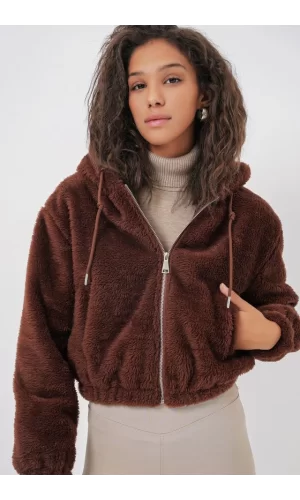 5193 Kapüşonlu Peluş Crop Ceket - Kahverengi