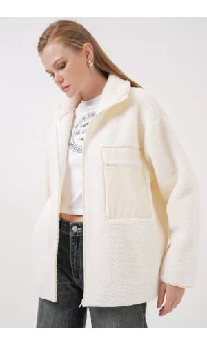 55446 Fermuarlı Oversize Peluş Mont - Bej