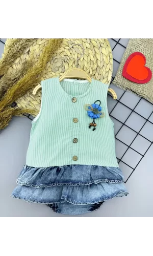 Luz&Pos 6-9-12-18 Ay Gül Rozet Detaylı Kot Kilotlu Etek Kız Bebek Elbisesi Yeşil
