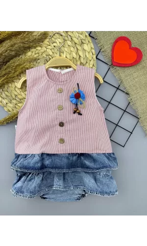 Luz&Pos 6-9-12-18 Ay Gül Rozet Detaylı Kot Kilotlu Etek Kız Bebek Elbisesi Gül Kurusu