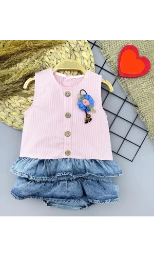 Luz&Pos 6-9-12-18 Ay Gül Rozet Detaylı Kot Kilotlu Etek Kız Bebek Elbisesi Pembe
