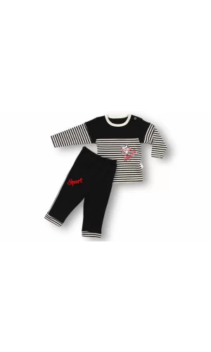 Luz&Pos 6-9 9-12 12-18 18-24 24-36 Ay Sport Baskılı Çizgili Uzun Kollu Sweatli 2li Erkek Bebek Takımı Siyah