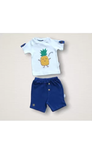 Luz&Pos 6-9 9-12 12-18 Ay Ananas Nakışlı Kısa Kollu Sweatli Şortlu 2li Kız-erkek Bebek Takımı Mavi