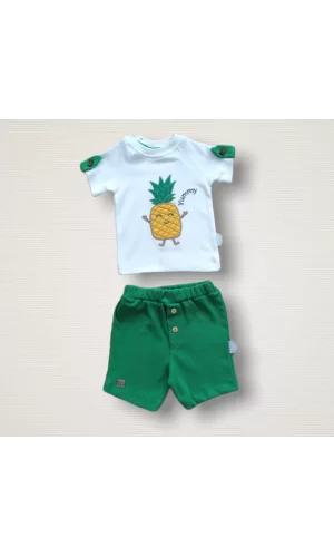 Luz&Pos 6-9 9-12 12-18 Ay Ananas Nakışlı Kısa Kollu Sweatli Şortlu 2li Kız-erkek Bebek Takımı Yeşil