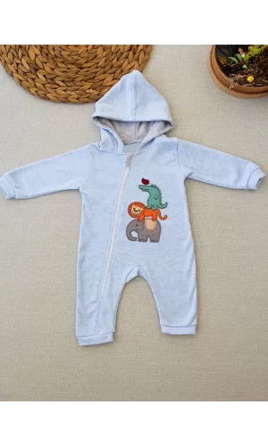 Luz&Pos 6-9 9-12 Ay Ef Çizgi Boy Fermuarlı Hayvanlar Alemi Nakışlı Kapşonlu Kız Erkek Bebek Tulumu Mavi
