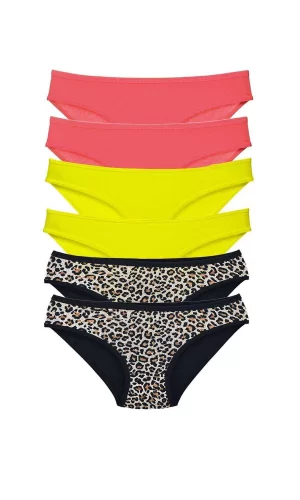 6 Adet Likralı Kadın Slip Külot Leopar Fuşya Sarı