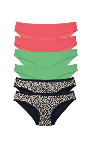 6 Adet Likralı Kadın Slip Külot Leopar Fuşya Yeşil