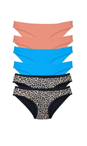 6 Adet Likralı Kadın Slip Külot Leopar Pudra Mavi