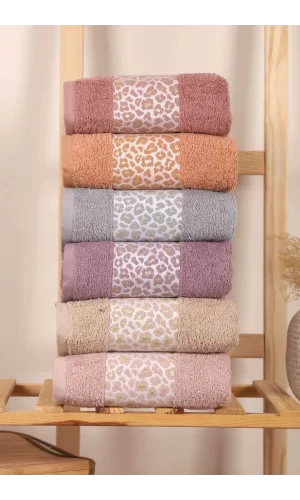 6 lı &#37;100 Pamuklu El Yüz Havlu Seti Renkli Leopar Desen 50x90 Cm