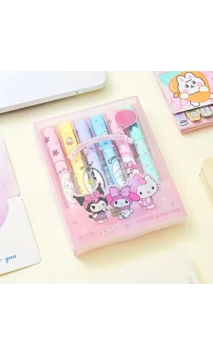 6lı Fosforlu Kalem Seti - Sanrio Karakterleri, Kuromi, Hello Kitty