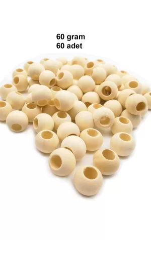 60 Gr (60 Adet) Ahşap Boncuk 15 mm çap x 10 mm Delik Doğal Yuvarlak Ahşap Makrome El İşi Çanta