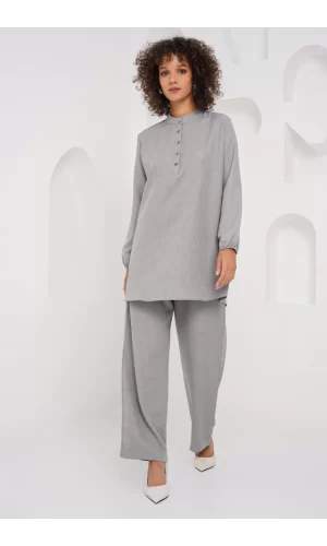 6678 Keten Tunik Pantolon İkili Takım - Gri