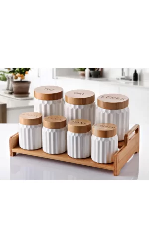 7li Bambu Kapak Standlı Baharat Seti