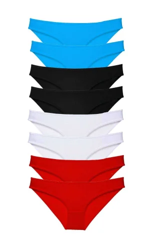 8 adet Süper Eko Set Likralı Kadın Slip Külot Siyah Kırmızı Beyaz Mavi