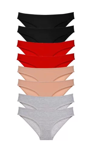 8 adet Süper Eko Set Likralı Kadın Slip Külot Siyah Kırmızı Ten Gri