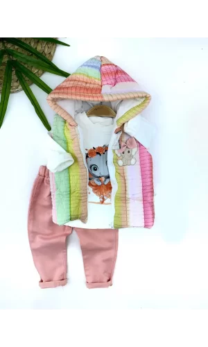 Luz&Pos 9-12-18-24 Ay Kapşonlu Fermuarlı Gökkuşağı Şişme Yelek Sweat Pantolonlu 3lü Kız Erkek Bebek Takımı Pembe