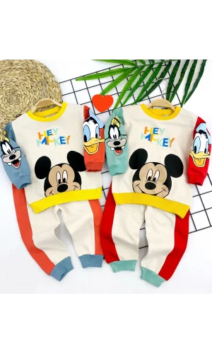 Luz&Pos 9-12-18-24 Ay Mickey Ve Arkadaşları Desenli Uzun Kollu Sweat 2li Kız Erkek Bebek Takımı Yeşil