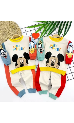 Luz&Pos 9-12-18-24 Ay Mickey Ve Arkadaşları Desenli Uzun Kollu Sweat 2li Kız Erkek Bebek Takımı Mavi