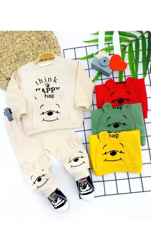 9-12-18-24 Ay Pohh Desenli Uzun Kollu Sweat 2li Kız Erkek Bebek Takımı Sarı