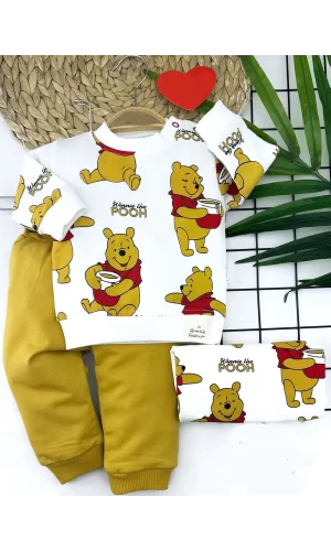 9-12-18-24 Ay Pooh Baskılı Yaka Çıtçıtlı Uzun Kollu Sweatli 2li Kız Erkek Bebek Takımı Sarı
